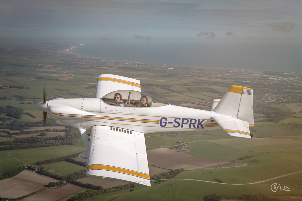 Bride and groom pilots over the Sussex landscape