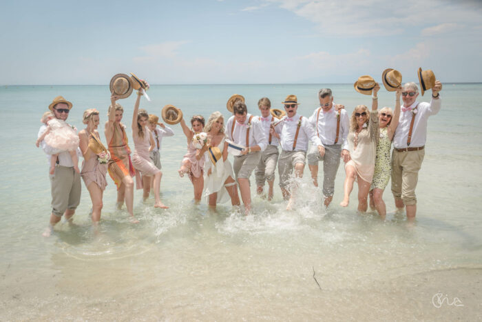 Group shots at Sani Beach wedding in Greece