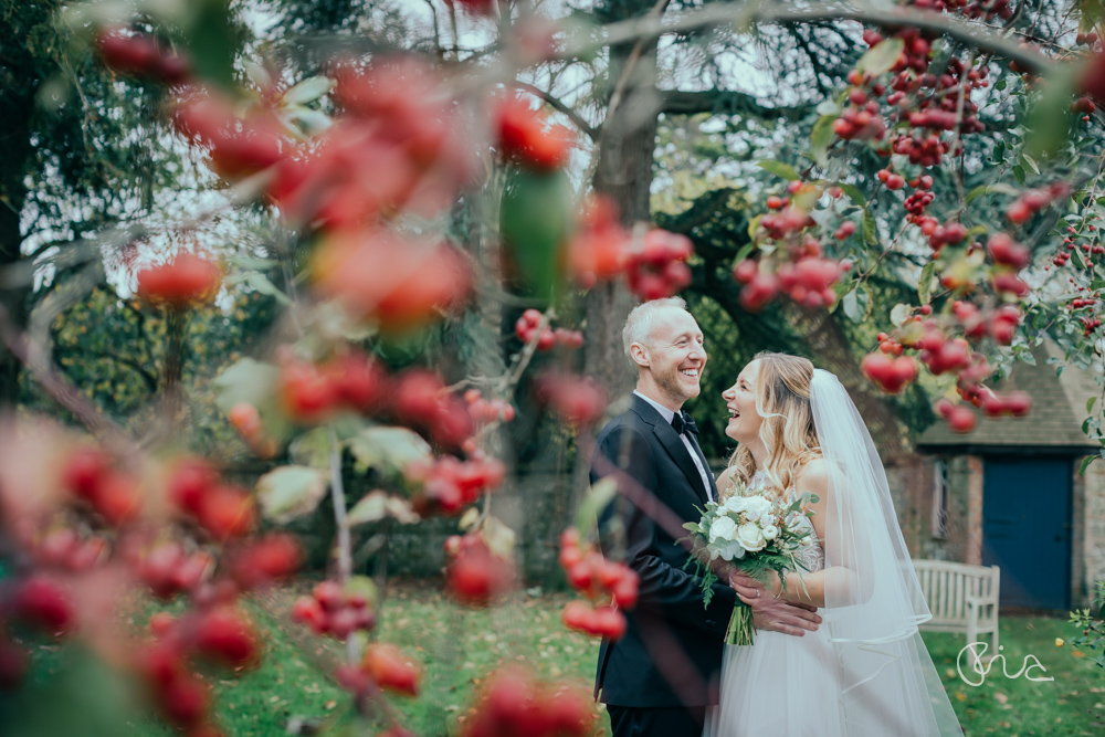 Bride and groom at Bury Manor Barn wedding in West Sussex